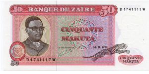 50 Makuta
Purple/Green
Mobutu & Leopard
Chieftain & Fishing
Security thread
Watermark Mobutu Banknote