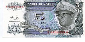 5 Nouveau Makuta
Black/Green/Purpl 
Leopard & President Mobutu
Monument
Security thread Banknote