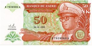 50 Nouveau Makuta
Brown/Green
Sig 9 
Leopard & President Mobutu
Chieftain & Men fishing 
Security thread Banknote