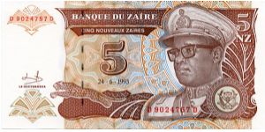 5 Nouveau Zaiers
Brown/Blue
Sig 9
Leopard & President Mobutu
Domed building
Security thread
Watermark Mobutu Banknote