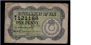 Government of Fiji 1 Penny, dated 1st July 1942, # P/I 121188, 'George VI - King - Emperor.' Well circulated condition with stains and marks, but still whole without any tears. Banknote