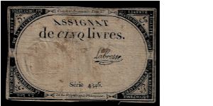 French Revolutionary Assignat or 'Promissory Note'. Not dated on the note itself but circa 1793. Serie 4346 and signed 'Labrosse.' Banknote
