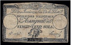 French Revolutionary Assignat (Promissory Note) dated January 1972, serie 751e. Portrays the famous 'Cockerel' with the words La Liberte ou la Morte. Sold recently to a collector in France. Banknote