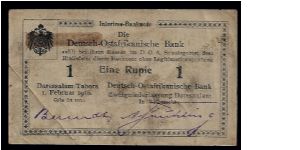 Die Deutsch Ostafrikanische Bank (German East Africa) 1 rupee dated 1916, Daressalam/Tabora. Fine condition, only one fold mark across the lower left corner.
E3 - #75864. 105mm x 62mm. Banknote