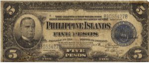 PI-70 RARE Philippine Islands 5 Pesos note. Banknote