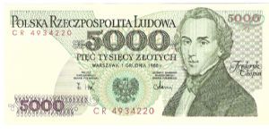 5000 zloty; December 1, 1988 Banknote