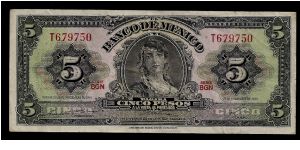 Mexico 5 Pesos, dated 19th November 1969, Serie BGN # T679750. P-60j. Crisp and clean apart from one central/vertical fold. Banknote