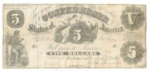 Type 11 Confederate $5 note. Rare PF-5 variety with spurious 'IES' after first line of 'Receivable...' clause (top left). Banknote