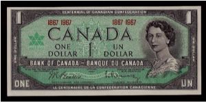 Bank of Canada centennial one dollar bill 1867-1967 (Ottawa 1967) in crisp uncirculated condition. No serial number. Signed Beattie/Rasminsky. Banknote