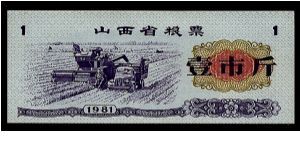 Unidentified ration coupon for 1 unit dated 1981. 87mm x 35mm. Banknote