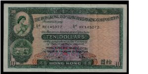 HSBC 10 dollars dated 31st March 1978. # RX 145072. P-182h. 152mm x 84mm. Good condition apart from 6 minor vertical folds. Banknote