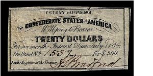 Confederate States of America 'war bond' (not technically a banknote)... for 20 dollars. Dated August 19th 1861. Print on newspaper and handuct. Signed 'Bradford.' Size: 55mm x 30mm. Uniface (only the obverse shown here). Banknote