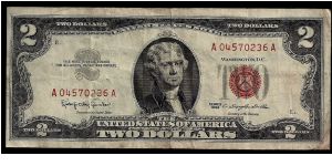 USA 2 dollars / red seal, series 1963, # A 04570236 A. Good condition apart from three minor vertical folds. Banknote