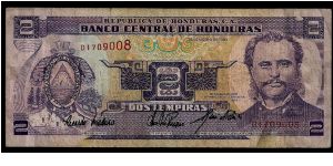 Banco Central de Honduras 2 lempiras # D 1709008. Dated 14 Enero 1993. P-72 Banknote