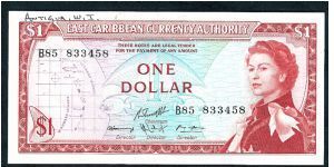 East Caribbean Currency Authority 1 dollar. # B85 833458. P-13f. 150mm x 72mm. In A-Unc condition... would be perfect if not for the fact that a previous collector scibbled 'Antigua' in the top left corner (shame...!). A beautiful note with reds, pinks and pale turqoise blue. Banknote