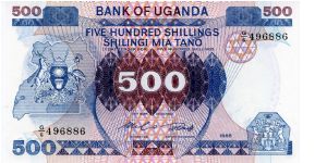 500 Shillings
Purple/Blue
Coat of arms & geometric pattern
Cattle & harvesting
Security thread
Watermark Bird Banknote