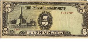 PI-110 Philippine 5 Pesos replacement note under Japan rule, plate number 26. Banknote