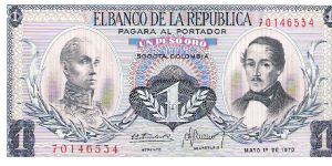 Colombia 1 Peso Oro 1970 Obverse: Simon Bolivar; General Francisco de Paula Santander. 
Reverse: Liberty; condor; waterfall; mountain. Banknote