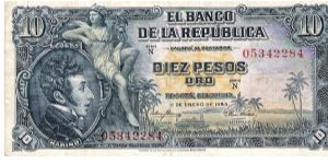 Colombia, 10 Pesos 1953 ( Obverse: Antonio Nariño, seated liberty woman. Reverse: Banco de la República Central bank of Colombia) Banknote