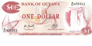 Guyana, 1 Dollar 1992 (Kaieteur Falls; rice harvesting) Banknote