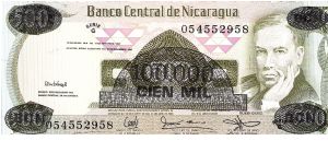Nicaragua, 100.000 Cordobas 1987 over 500 Cordobas (1985) banknote Banknote