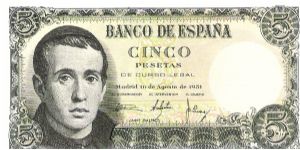 Spain, 5 pesetas 1951, (Jaime Balmes and castle) radar series you can read the same number from left to right or right to left. Interesting serial number. Banknote