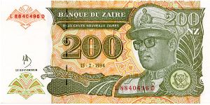 15.2.1994
200 Nou Zaires
Orange/Olive
Sig #10
Leopard & Mobutu
Men fishing with sticknets Banknote