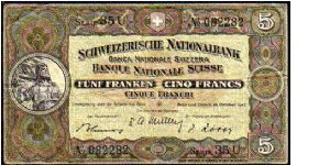 5 Franken / Francs / Franchi__
Pk 11 m (1)__
16-10-1947__
signatures: Müller / Rossy / Blumer
 Banknote