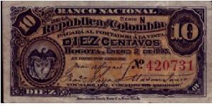 Colombia, 10 centavos 1893. Banknote