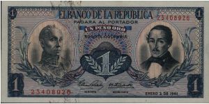 Colombia, 1 peso January 02 1961.

Simón Bolívar at l. Gen Francisco de Paula Santander at r. Liberty head, Condor & waterfall on rvs. Banknote
