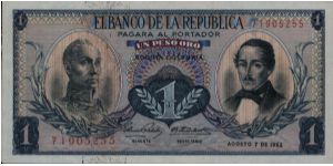 Colombia, 1 peso August 07 1962

Simón Bolívar at l. Gen Francisco de Paula Santander at r. Liberty head, Condor & waterfall on rvs. Banknote