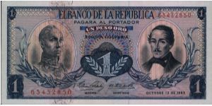 Colombia, 1 peso October 12 1963 

Simón Bolívar at l. Gen Francisco de Paula Santander at r. Liberty head, Condor & waterfall on rvs. 

Consecutive banknote Banknote