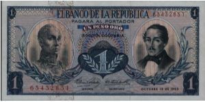 Colombia, 1 peso October 12 1963 

Simón Bolívar at l. Gen Francisco de Paula Santander at r. Liberty head, Condor & waterfall on rvs. 

Consecutive banknote Banknote