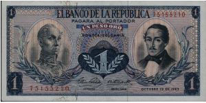 Colombia, 1 peso October 12 1963 

Simón Bolívar at l. Gen Francisco de Paula Santander at r. Liberty head, Condor & waterfall on rvs. Banknote