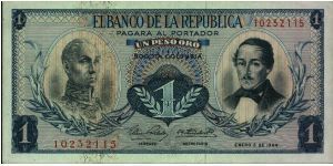 Colombia, 1 peso January 02 1964 

Simón Bolívar at l. Gen Francisco de Paula Santander at r. Liberty head, Condor & waterfall on rvs. Banknote