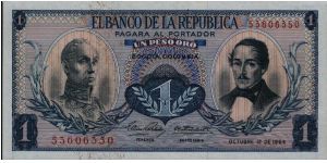 Colombia, 1 peso peso October 12 1964.

Simón Bolívar at l. Gen Francisco de Paula Santander at r. Liberty head, Condor & waterfall on rvs. Banknote