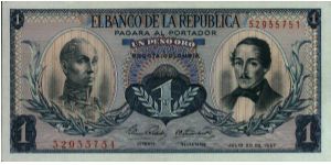Colombia, 1 peso July 20 1967.

Simón Bolívar at l. Gen Francisco de Paula Santander at r. Liberty head, Condor & waterfall on rvs. Banknote