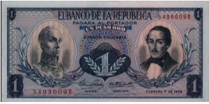 Colombia, 1 peso February 01 1968.

Simón Bolívar at l. Gen Francisco de Paula Santander at r. Liberty head, Condor & waterfall on rvs. Banknote