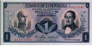 Colombia, 1 peso February 01 1968.

Simón Bolívar at l. Gen Francisco de Paula Santander at r. Liberty head, Condor & waterfall on rvs. Banknote