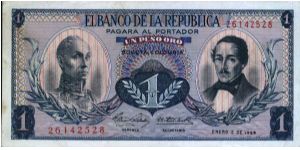 Colombia, 1 peso January 02 1969.

Simón Bolívar at l. Gen Francisco de Paula Santander at r. Liberty head, Condor & waterfall on rvs. Banknote