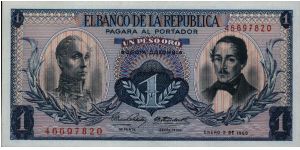 Colombia, 1 peso January 02 1969.

Simón Bolívar at l. Gen Francisco de Paula Santander at r. Liberty head, Condor & waterfall on rvs. Banknote