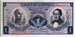 Colombia, 1 peso May 01 1970.

Simón Bolívar at l. Gen Francisco de Paula Santander at r. Liberty head, Condor & waterfall on rvs. Banknote