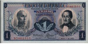 Colombia, 1 peso May 01 1970.

Simón Bolívar at l. Gen Francisco de Paula Santander at r. Liberty head, Condor & waterfall on rvs. Banknote