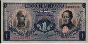 Colombia, 1 peso October 12 1970.

Simón Bolívar at l. Gen Francisco de Paula Santander at r. Liberty head, Condor & waterfall on rvs. Banknote