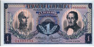 Colombia, 1 peso October 12 1970.

Simón Bolívar at l. Gen Francisco de Paula Santander at r. Liberty head, Condor & waterfall on rvs. Banknote