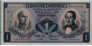 Colombia, 1 peso August 07 1973.

Simón Bolívar at l. Gen Francisco de Paula Santander at r. Liberty head, Condor & waterfall on rvs. Banknote