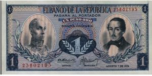 Colombia, 1 peso August 07 1974.

Simón Bolívar at l. Gen Francisco de Paula Santander at r. Liberty head, Condor & waterfall on rvs. Banknote