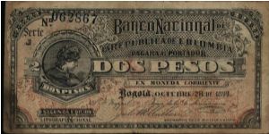 Colombia, 2 pesos, October 28 1899. Banco Nacional de la República de Colombia (Litografía Nacional) Second edition Banknote