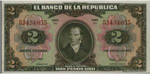 Colombia, 2 pesos January 01 1955. American Bank Note Company Banknote