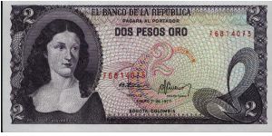 Colombia, 2 pesos January 01 1977.

Policarpa Salavarietta.at left. El Dorado from the Gold Museum on reverse. Banknote